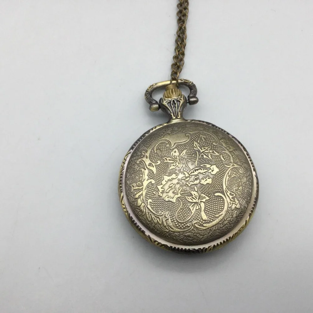 Shanghai Pocket Watch Womens 37mm Brass Steampunk Floral Cover Chain New Battery